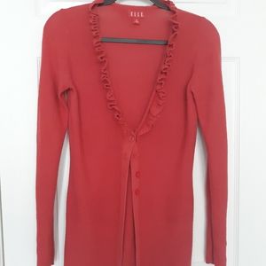 ELLE long sweater cardigan burnt orange XS EUC ruffle neck
